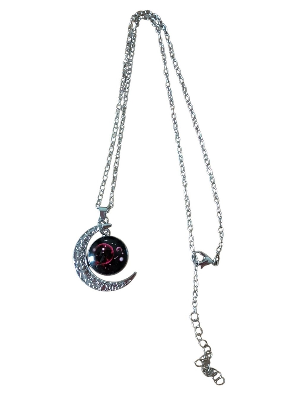 Silver Crescent Moon Necklace with Black and Pink Galaxy Pendant - Picture 1 of 5